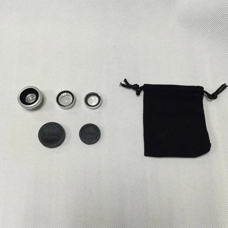 Three mobile phone lens attachments: fisheye, wide-angle and macro for smartphone photography