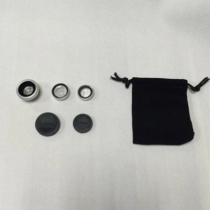 Three mobile phone lens attachments: fisheye, wide-angle and macro for smartphone photography