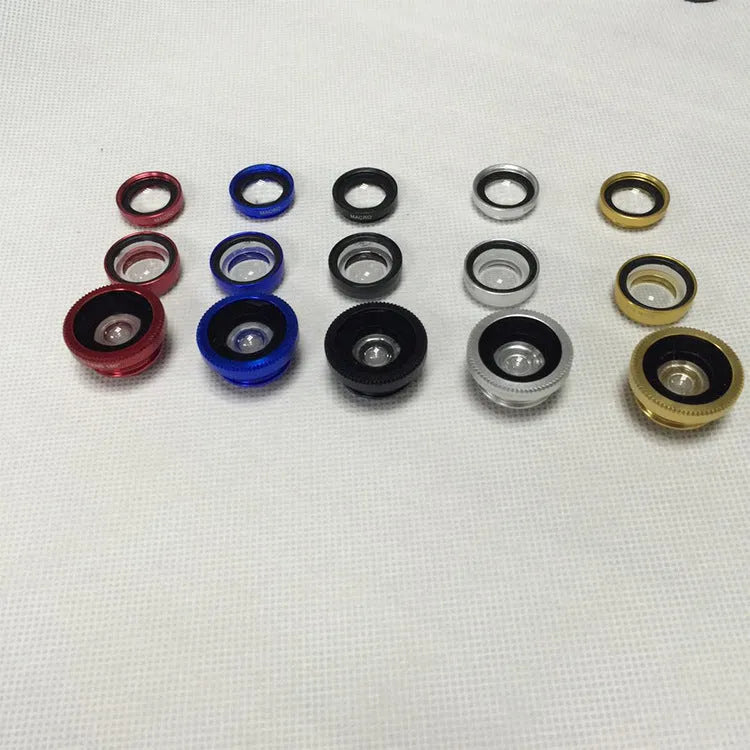 Three mobile phone lens attachments: fisheye, wide-angle and macro for smartphone photography