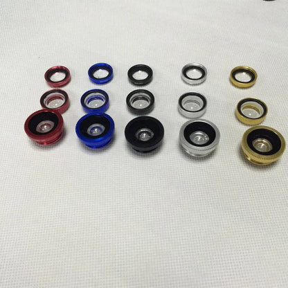 Three mobile phone lens attachments: fisheye, wide-angle and macro for smartphone photography