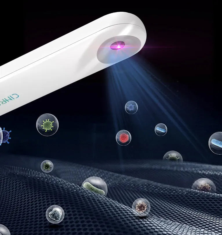 White portable UV steriliser lamp showing compact 116mm design with USB-C charging port