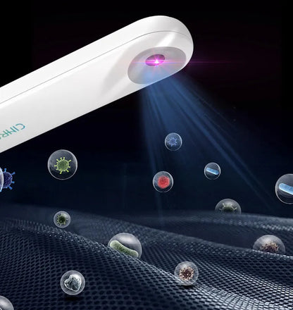 White portable UV steriliser lamp showing compact 116mm design with USB-C charging port