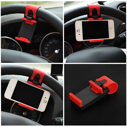 Black universal car steering wheel clip mount holding a mobile phone.