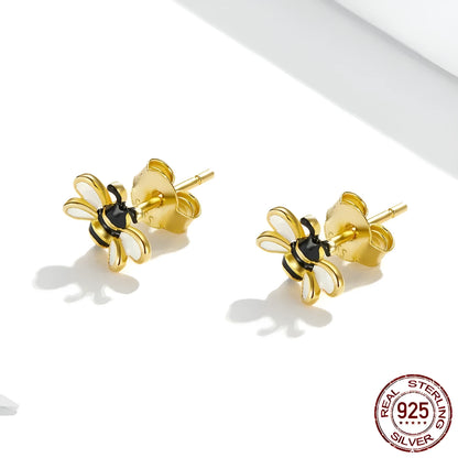 S925 silver bee insect ear studs in Mori style, each measuring 0.7 x 0.8cm, shown as a pair