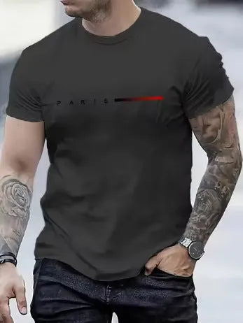 Men's slim fit 3D printed mesh top in a light colour on a hanger, showing short sleeves and patterned fabric.