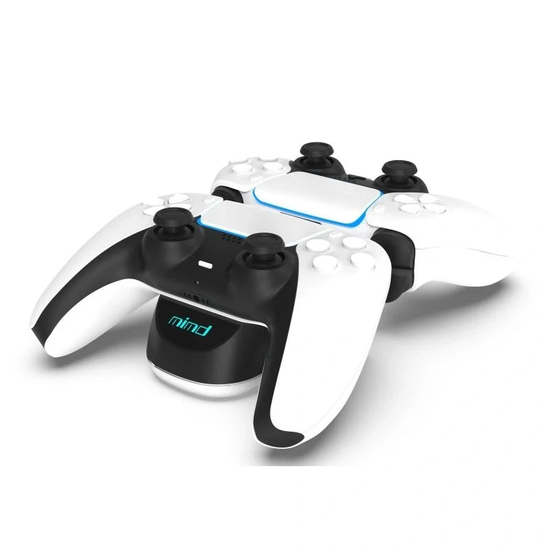PS5 Wireless Controller Dual Charge Dock in black and white, charging two controllers simultaneously