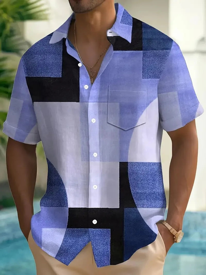 Men's retro geometric printed short sleeve cardigan shirt in loose fit style
