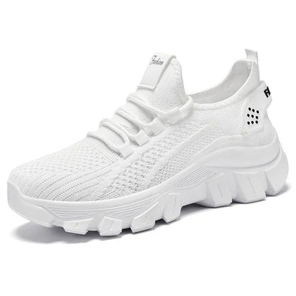 Women's Flyknit running sneakers with PVC sole in white, pink, beige, or black