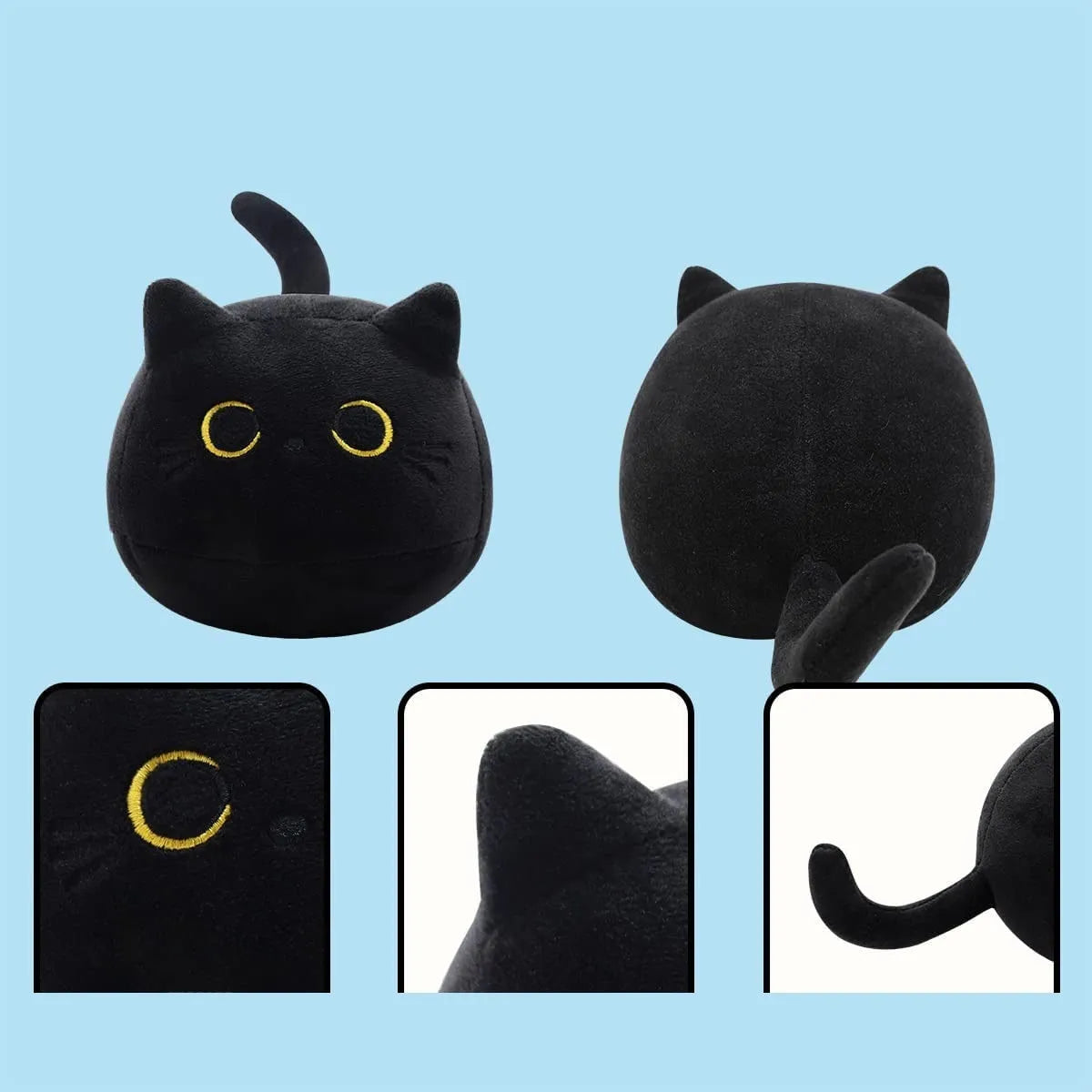 Black cat plush toy pillow with fluffy texture and embroidered facial features