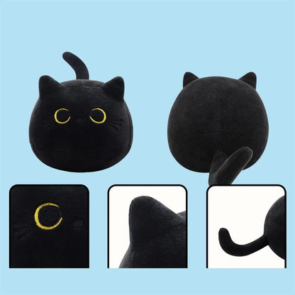 Black cat plush toy pillow with fluffy texture and embroidered facial features
