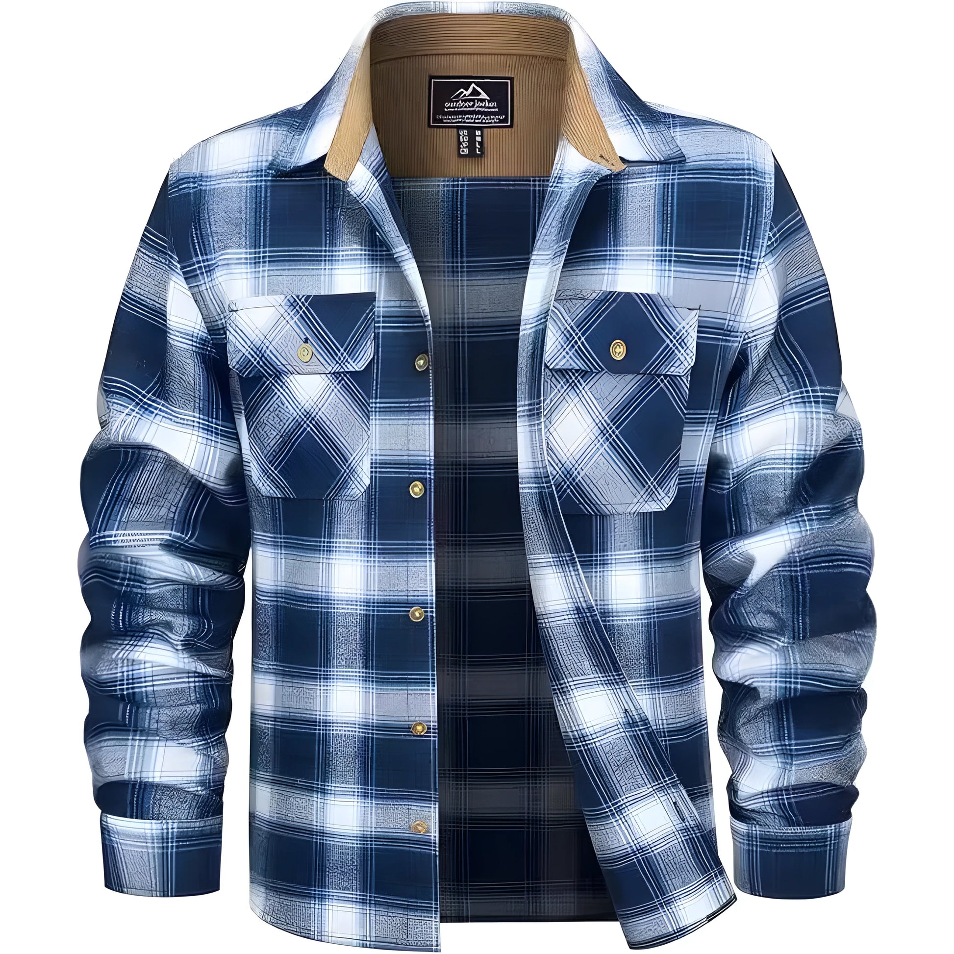 Men's polyester flannel button shirt in plaid pattern showing colour options and button-front design