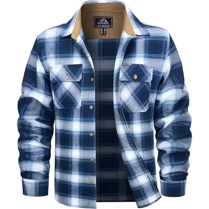 Men's polyester flannel button shirt in plaid pattern showing colour options and button-front design