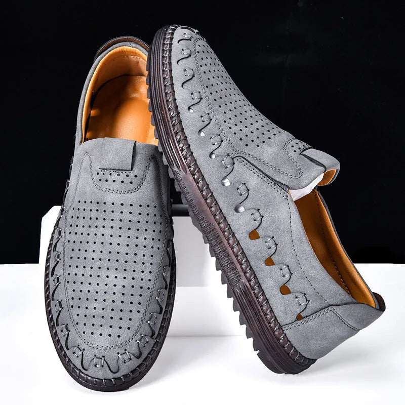 Men's Slip-on Casual Shoes handmade leather lining flat low top outdoor leisure shoes round toe PVC sole artificial PU upper available in brown grey black beige sizes 38 to 48 sewing craft construction