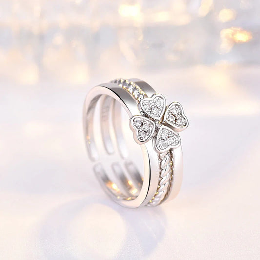 Adjustable four-leaf clover spinning ring set for women with zircon accents