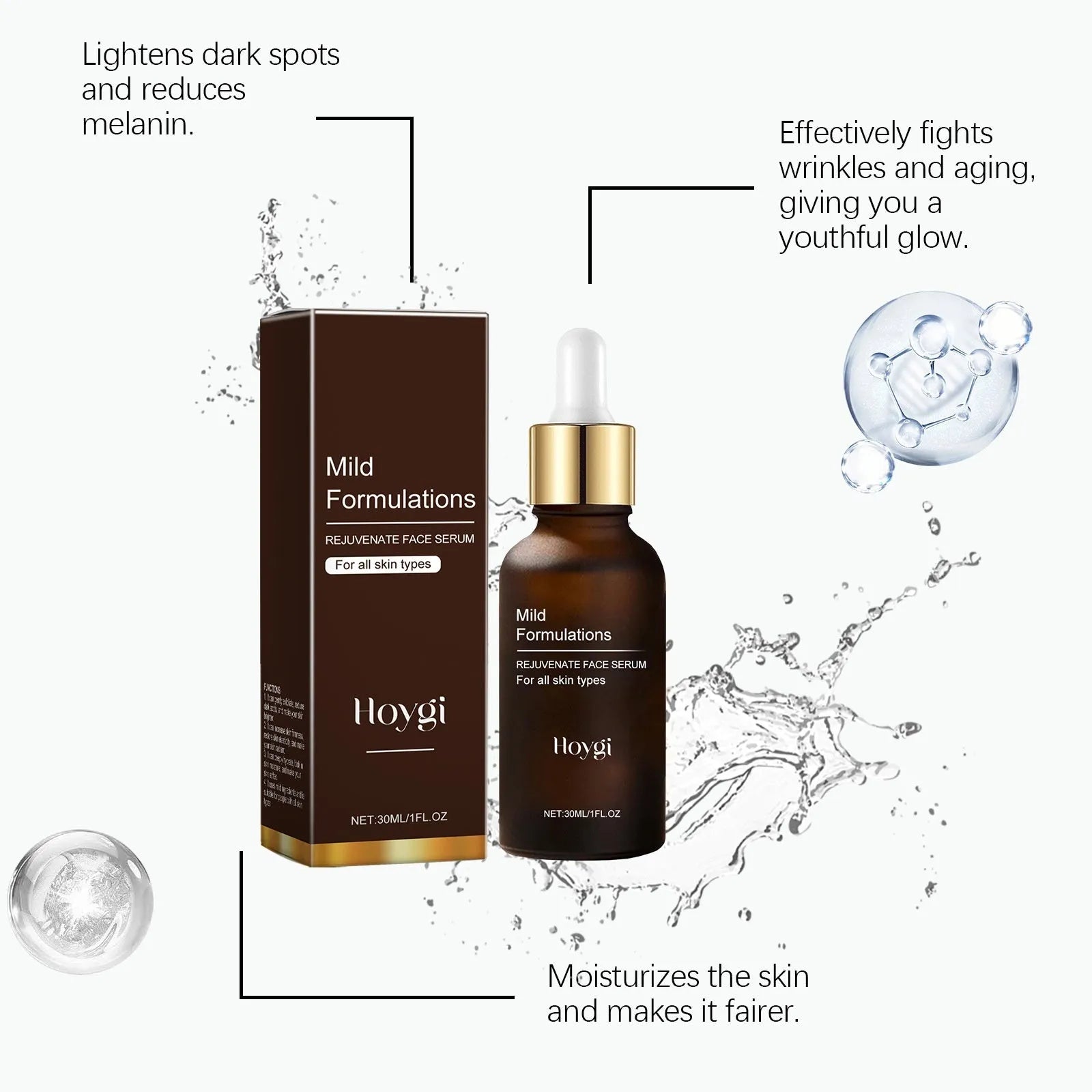 30ml facial skin care essence bottle measuring 10.3cm tall with hyaluronic acid, collagen and vitamin C formula