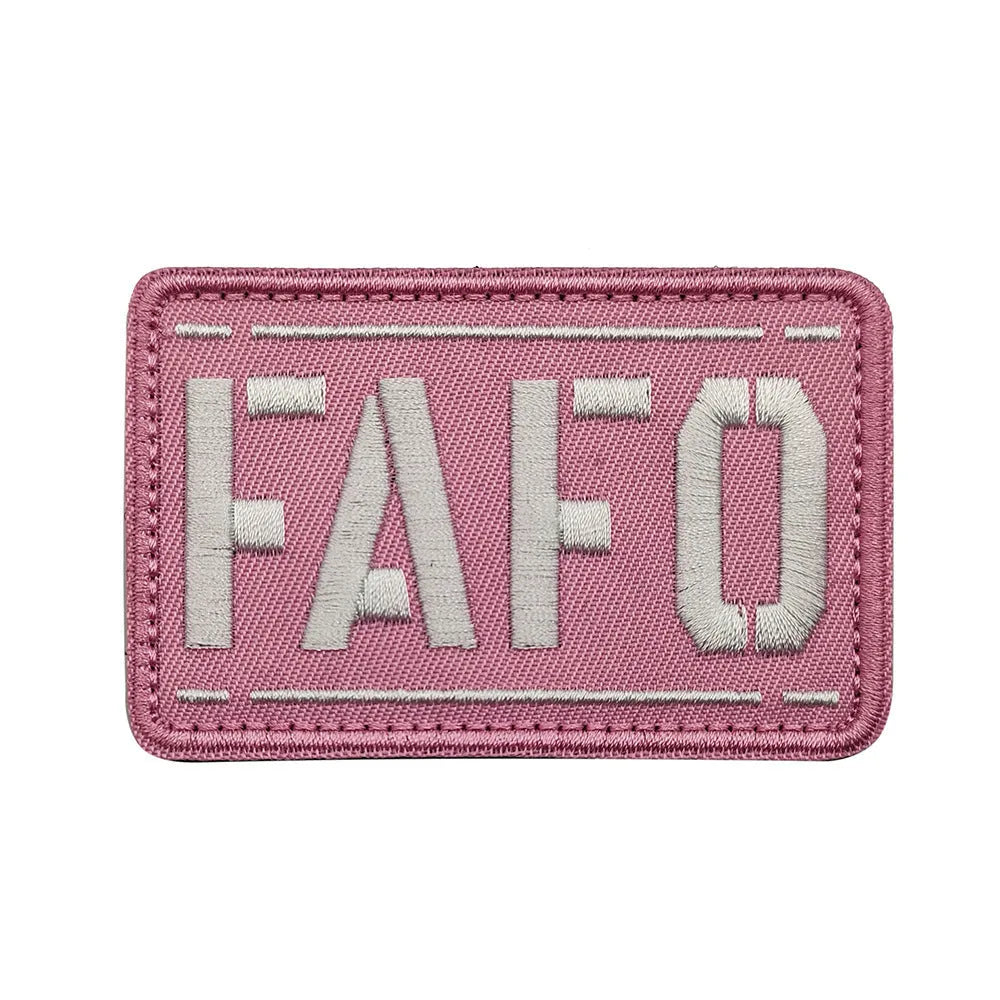 FAFO reflective nylon badge for night safety, shown in black cloth with white characters and other colour options