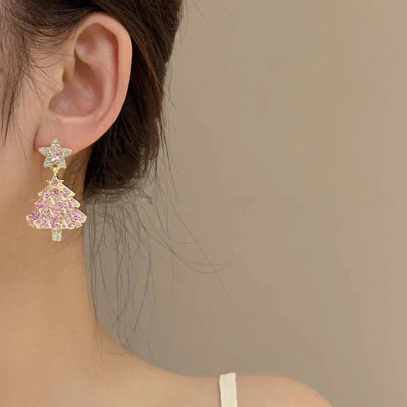 Elegant Christmas tree earrings with sparkling zircon for women, perfect for holiday parties.