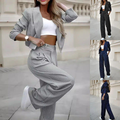 Stylish striped two-piece outfit featuring a cropped top and straight-leg pants in a variety of colors