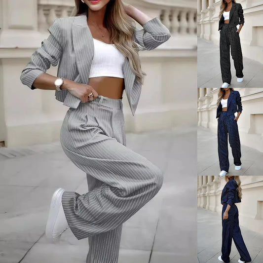 Stylish striped two-piece outfit featuring a cropped top and straight-leg pants in a variety of colors