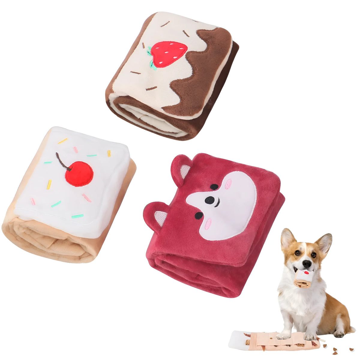 Plush snuffle mat dog toy for sniffing and foraging, available in brown, pink, and white