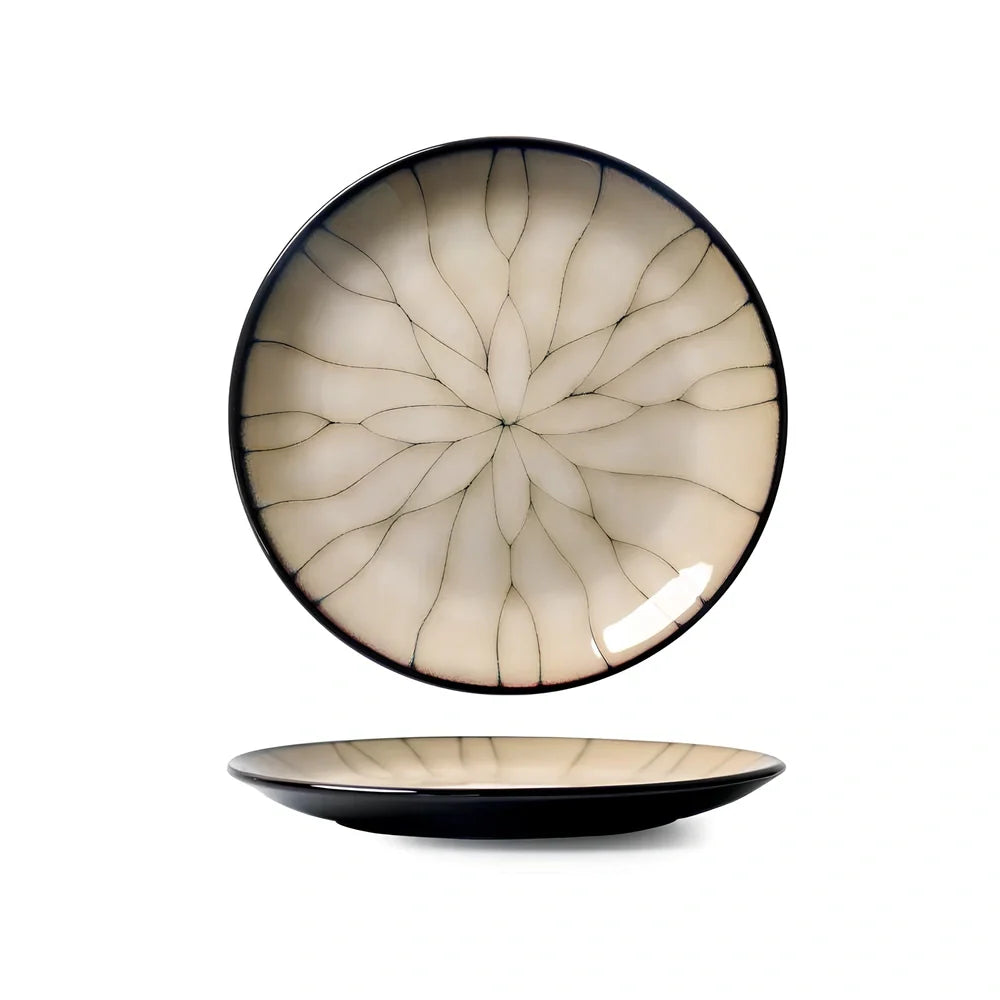 Japanese porcelain round plate 21cm diameter with underglaze design, deep bowl variant and 27.8cm serving size