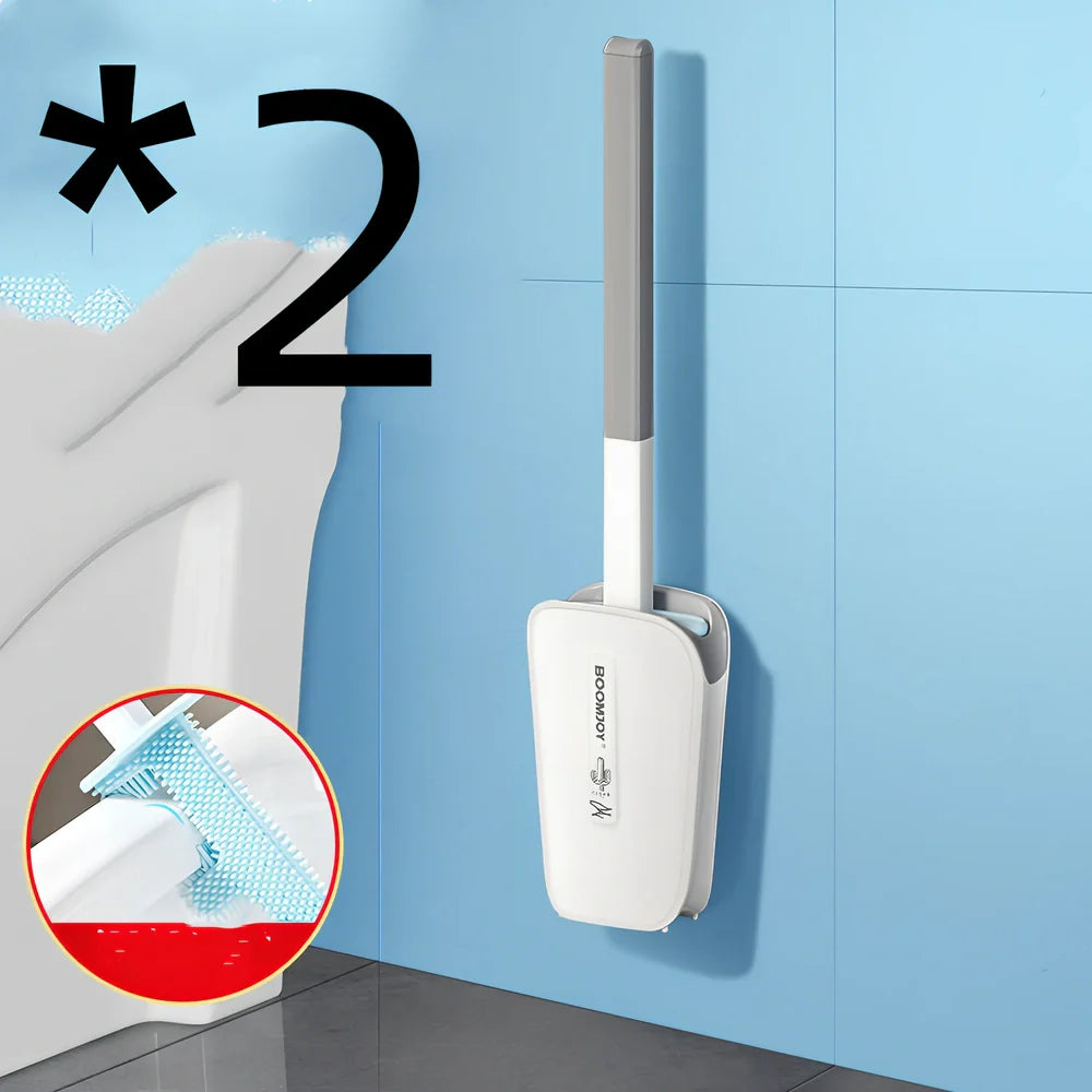 Wall-mounted toilet brush with blue antibacterial TPR head in plastic bucket