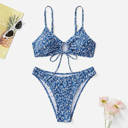Blue swimsuit three-piece set with top and shorts for swimming and wading activities