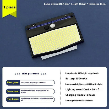 Multi-angle solar-powered garden lamp with motion sensor mounted outdoors