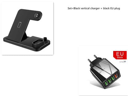 4-in-1 wireless charging station with adjustable magnetic stand charging phone, watch, earbuds, and stylus on a desk