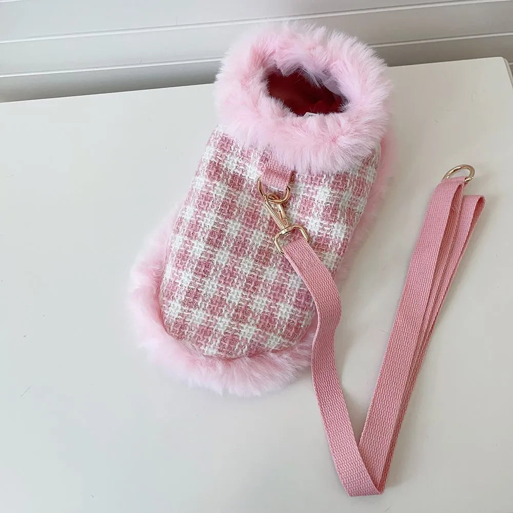Pink cat costume with beret, cape, and hand-holding rope in polyester material