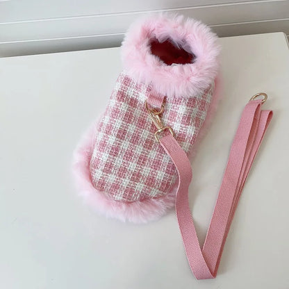 Pink cat costume with beret, cape, and hand-holding rope in polyester material
