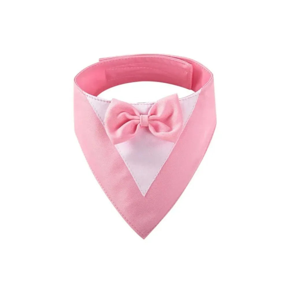 Triangular pet bib with bow detail in assorted colours, shown on a dog as a scarf and drool towel.