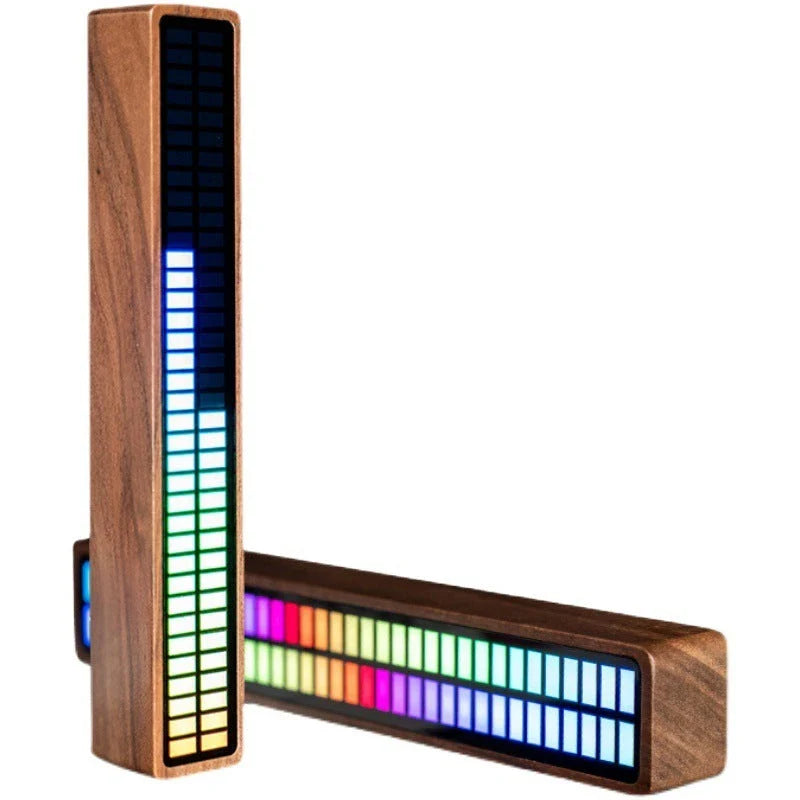 Bluetooth-enabled sound-activated rhythm lighting lamp with wooden frame, customizable LED display, and mobile app control