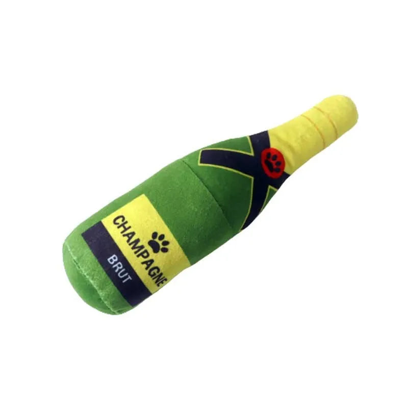 Soft green plush wine bottle pet toy for cats and dogs on a white background.