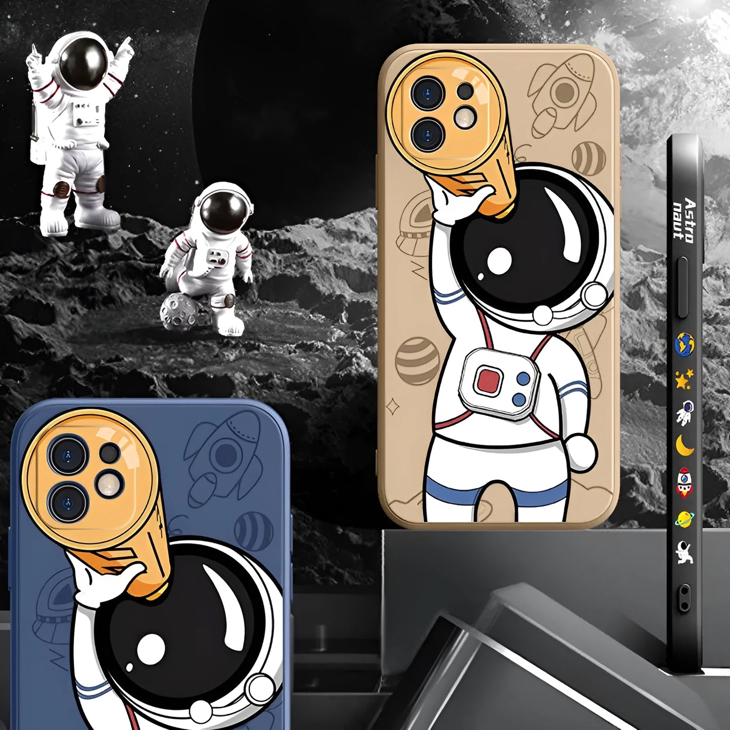 Silicone iPhone case with a cartoon astronaut and starry sky planet design.
