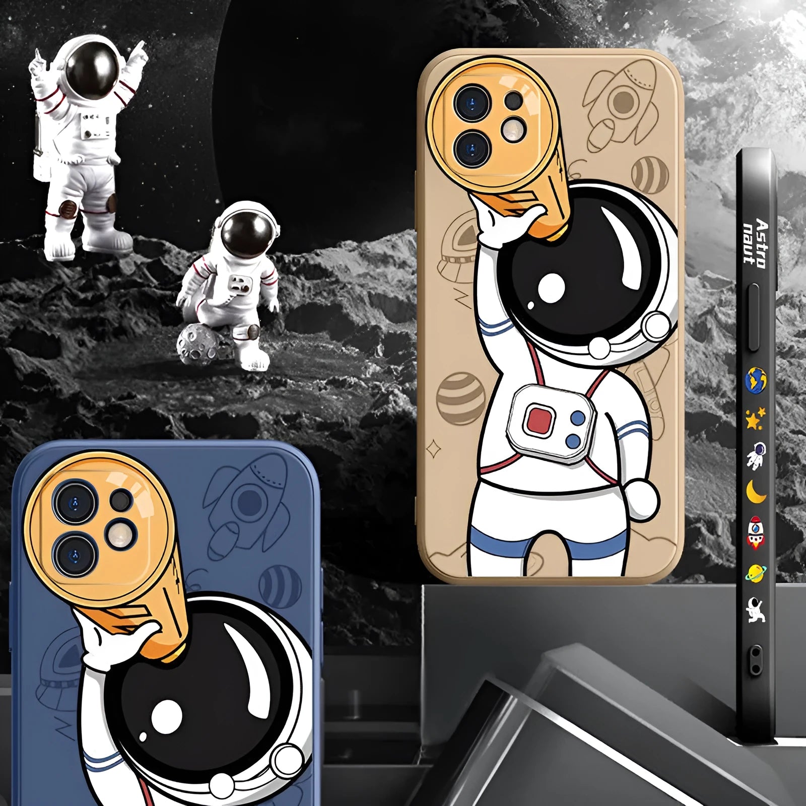 Silicone iPhone case with a cartoon astronaut and starry sky planet design.