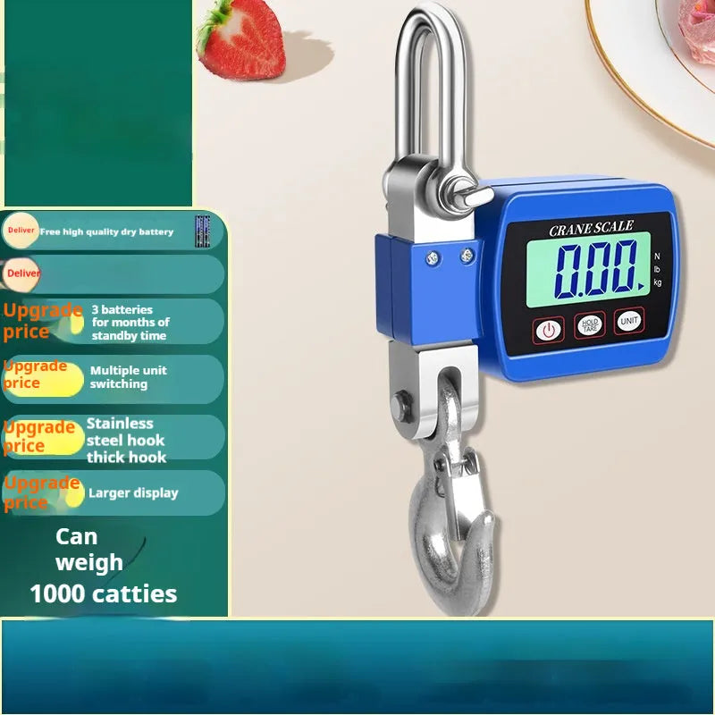 Electronic hook scale with digital LCD display showing weight measurement, available in blue, orange, or white colours