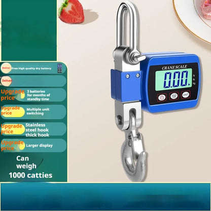 Electronic hook scale with digital LCD display showing weight measurement, available in blue, orange, or white colours