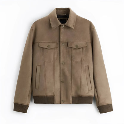 Women's suede velvet British style jacket in mink colour with long sleeves and spandex stretch fabric