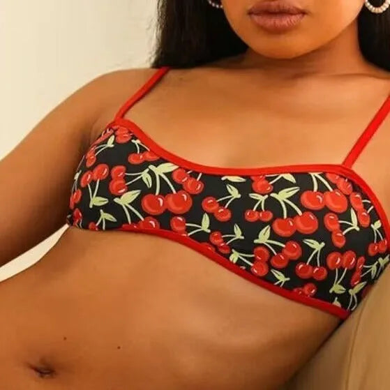 Women's cherry print polyester bikini swimsuit with tube top and briefs