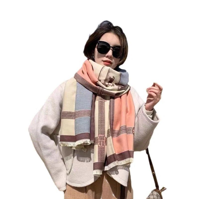 Stylish Korean contrast colour artificial cashmere scarf for women, perfect for winter warmth and fashion.
