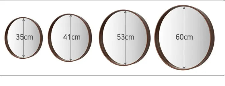 Round solid wood hanging mirror with walnut finish and float silver surface, 30cm diameter