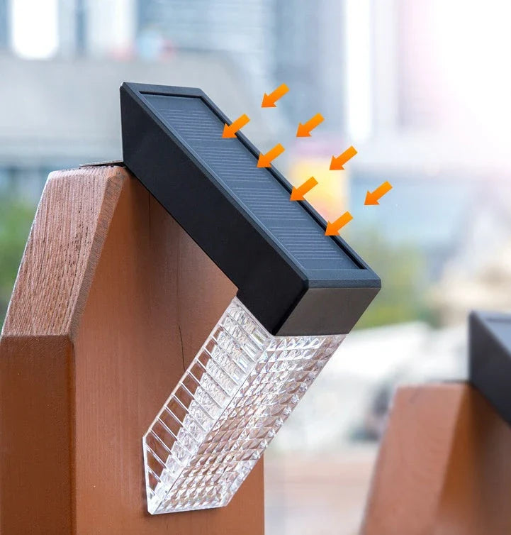 Waterproof solar-powered deck lights illuminating outdoor stairs, fence, and garden with warm, inviting glow
