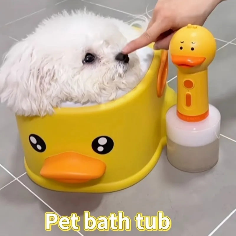 Blue PVC duck-shaped bathtub for washing a small dog, shown on a tiled floor.