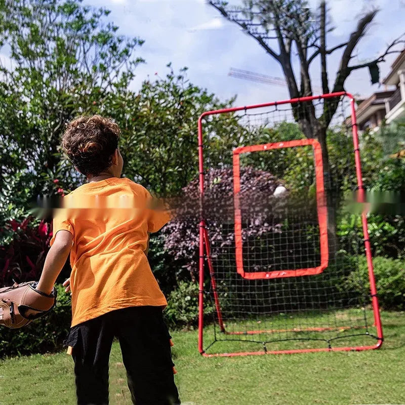 Red adjustable baseball training net with metal frame measuring 4x6 feet for sports practice