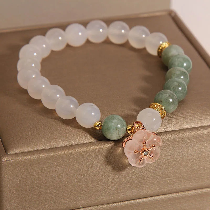 Women's floral jade agate crystal bracelet with white agate stones and pink accents