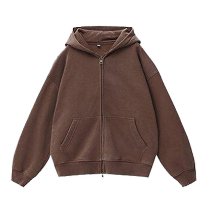 Women's distressed colour fleece-lined hooded cardigan sweater with patch pockets