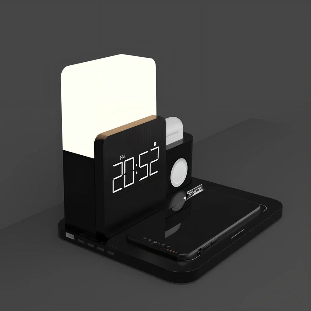 Black 3-in-1 Qi wireless charger stand with clock, night light, and zones for iPhone, Apple Watch, AirPods; 202mm height, ABS build