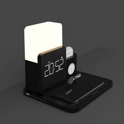 Black 3-in-1 Qi wireless charger stand with clock, night light, and zones for iPhone, Apple Watch, AirPods; 202mm height, ABS build