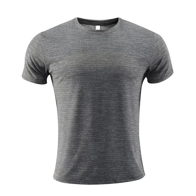 Man wearing a red short-sleeve polyester sports t-shirt for running or basketball workout.